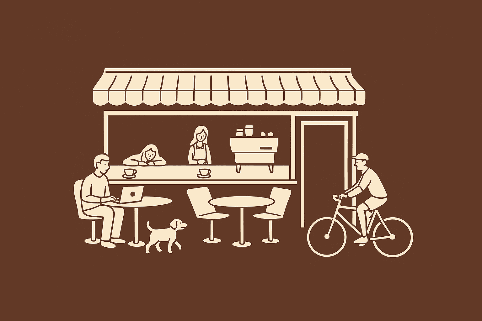 Illustration of a cozy outdoor cafe scene featuring a person sitting at a table with a laptop, a dog nearby, a barista inside, and a cyclist passing by, all on a brown background.