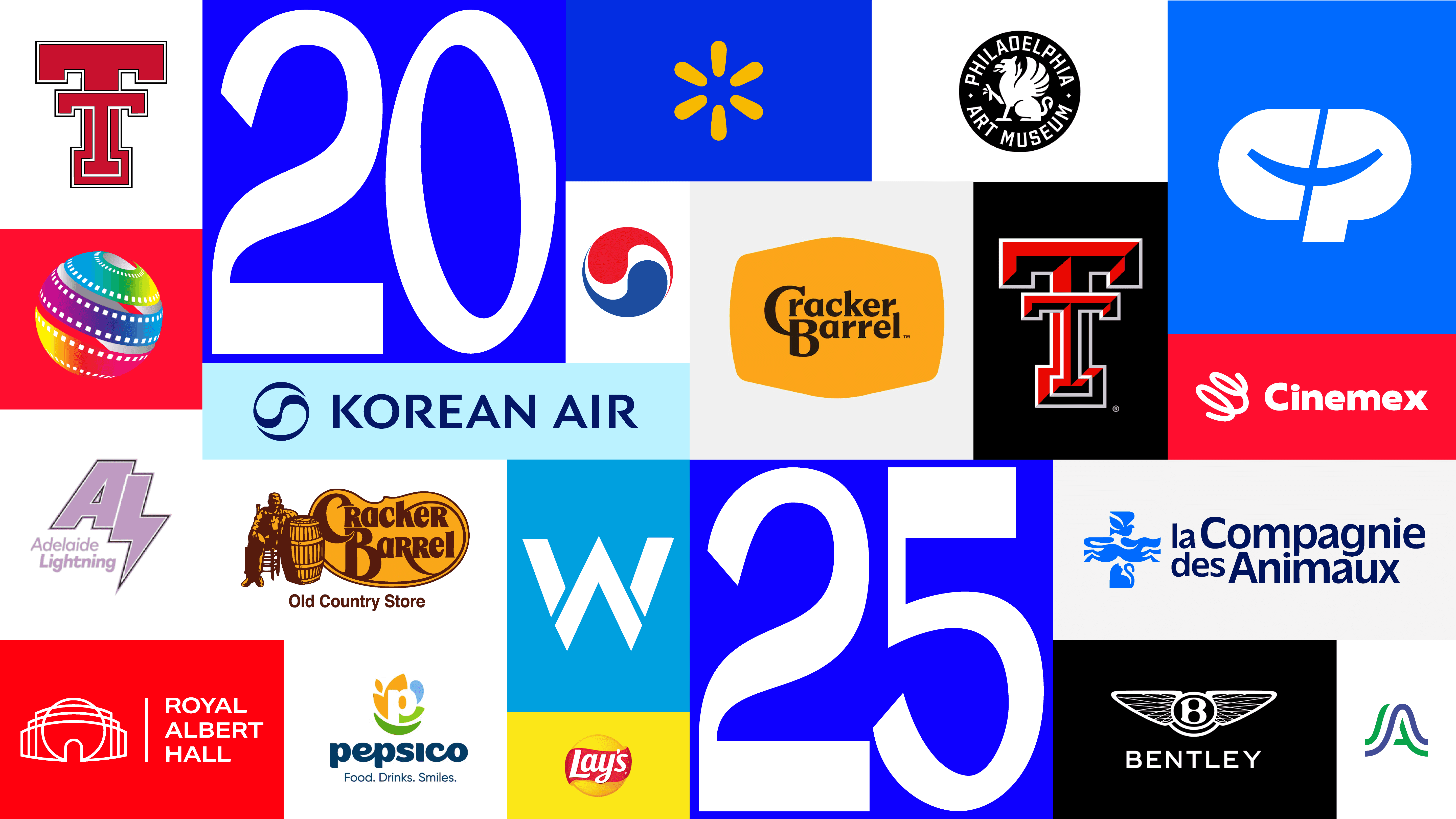 Grid of brand logos showing multiple companies with updated identities dated 2020 and 2025 for comparison.