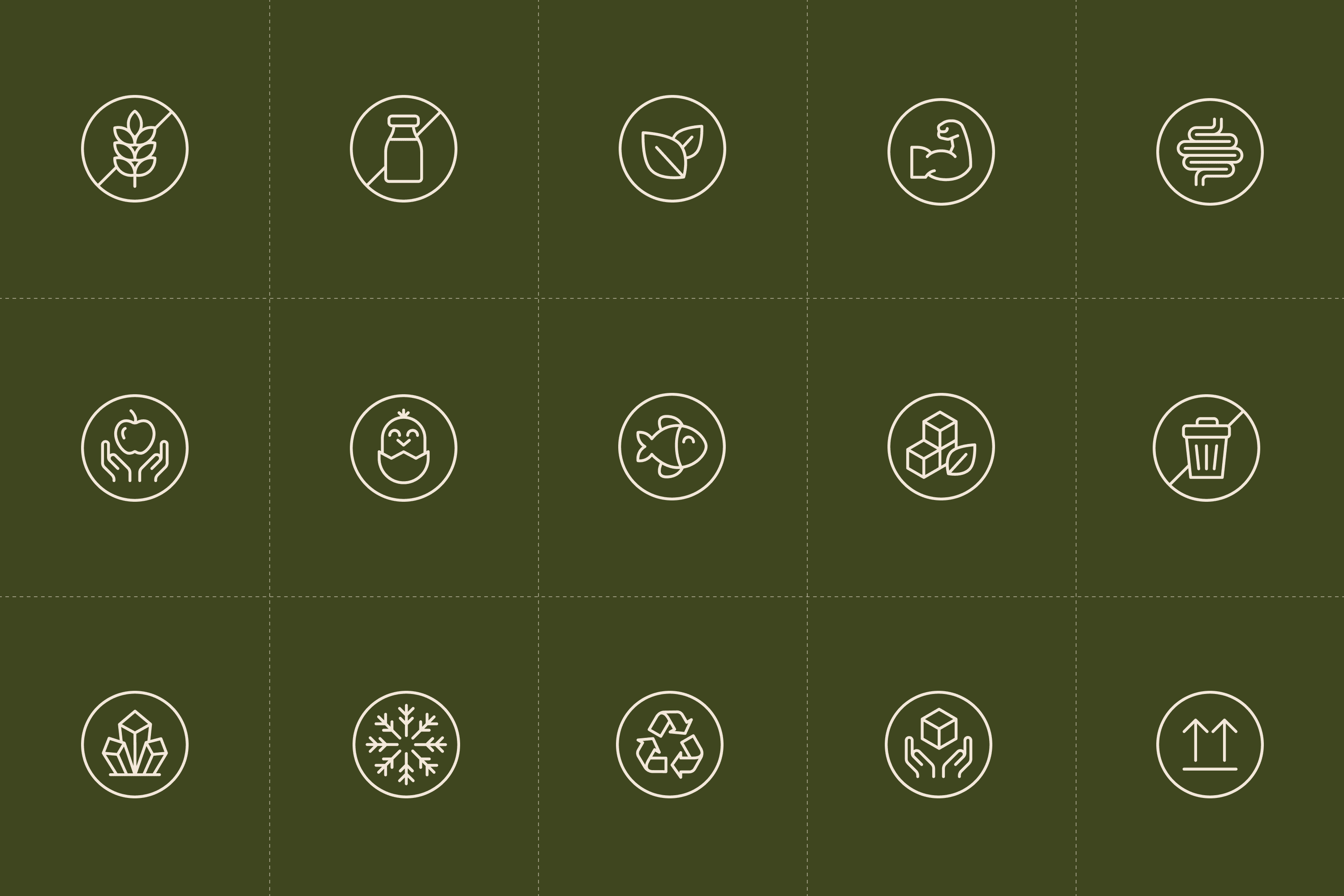 Set of fifteen custom line icons on an olive green background, designed for Nuuda's packaging to communicate dietary attributes, sourcing standards, and handling instructions