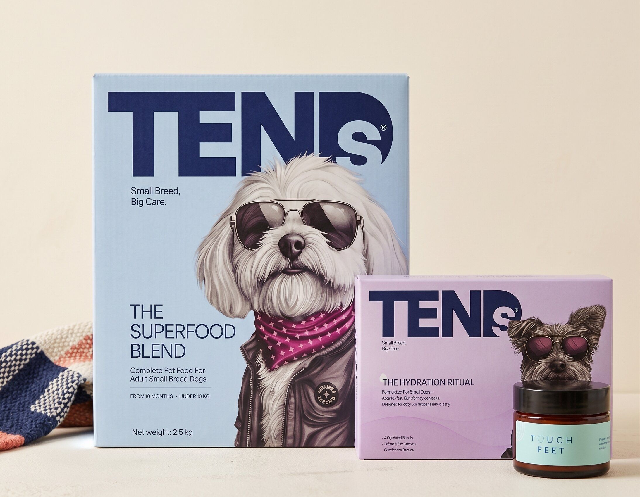 TENDS Hydration Ritual, Superfood Blend, and TENDS Touch in single composition under soft natural daylight, restrained product photography on a clean neutral surface — illustrating the cross-product system that meets the parent already reading their dog at the daily level.