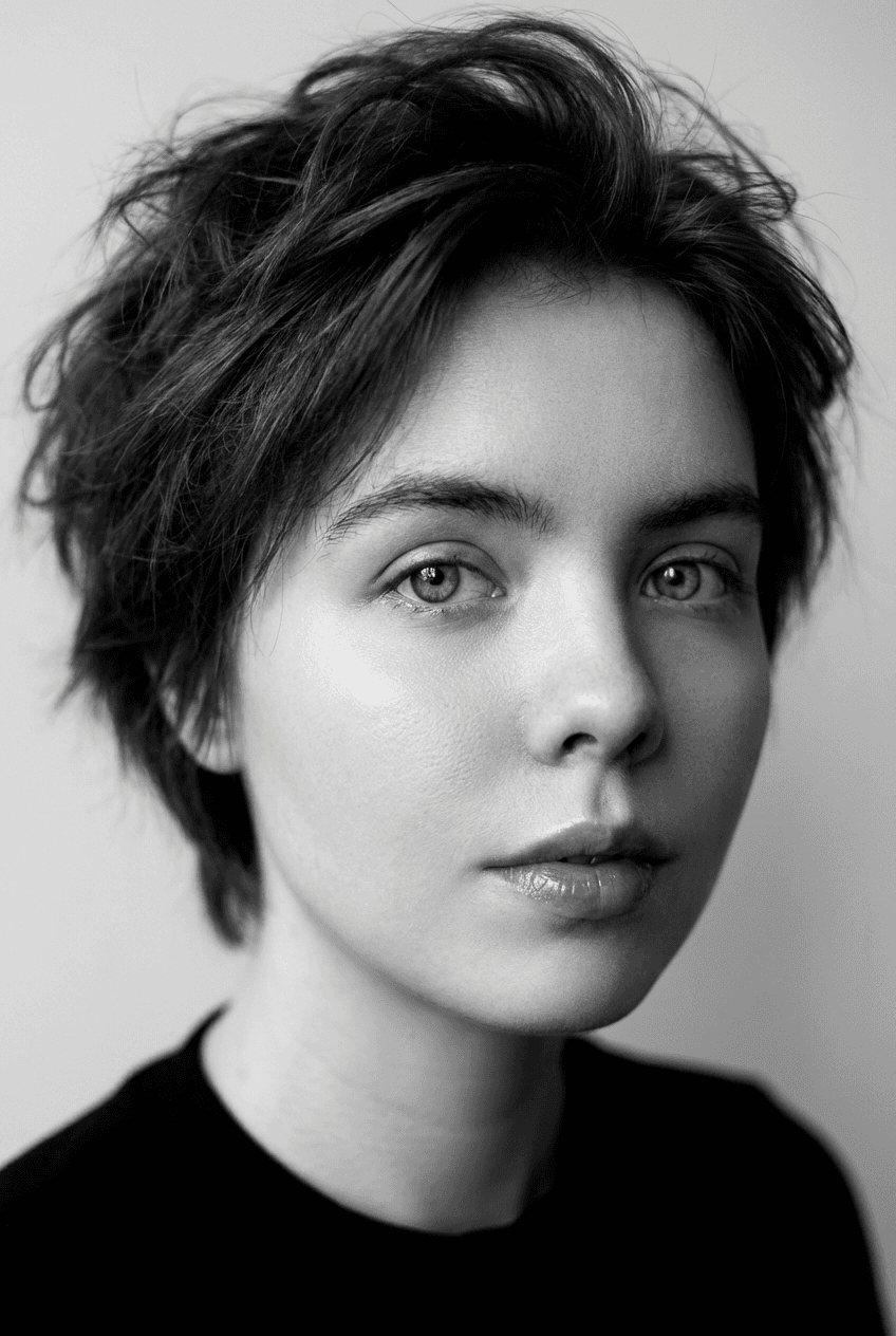 A thoughtful young person with dark hair gazes to the side, captured in soft black and white lighting.