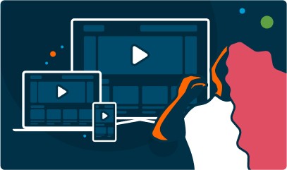 A decorative image featuring a person watching a stylized TV, phone, and laptop user interface, communicating 'We create a video experience wherever, whenever.'