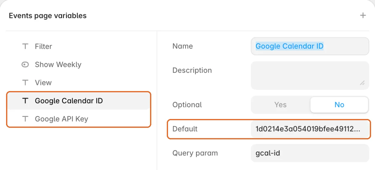 Events page variables with Google Calendar ID and its Default value marked