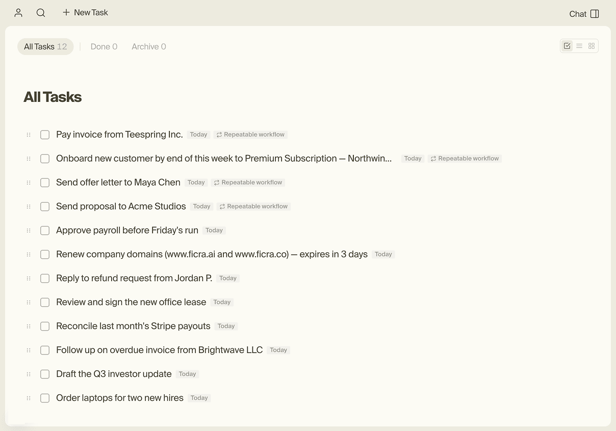 Ficra product interface showing an AI-powered task workspace