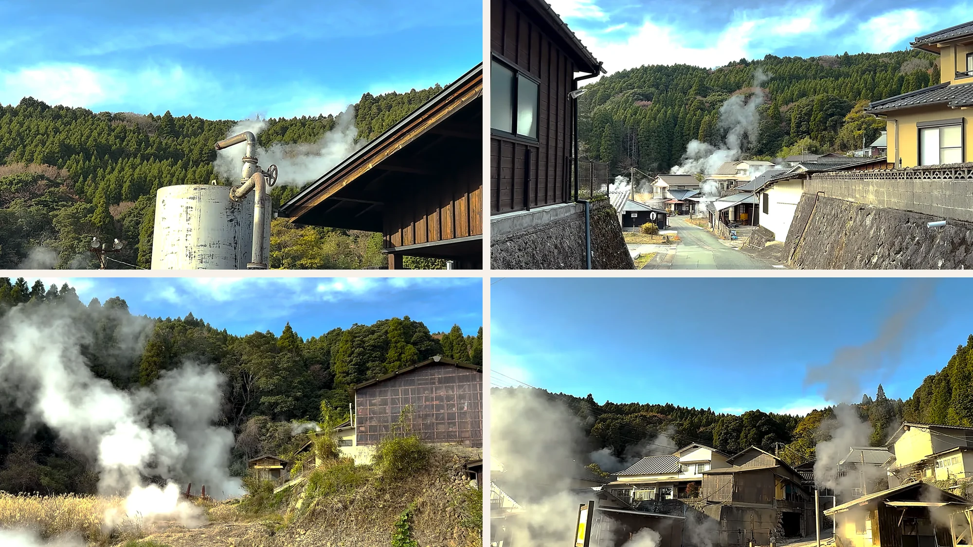 Geothermal steam venting between houses and across a hillside at Waita near Kurokawa Onsen, in four close views
