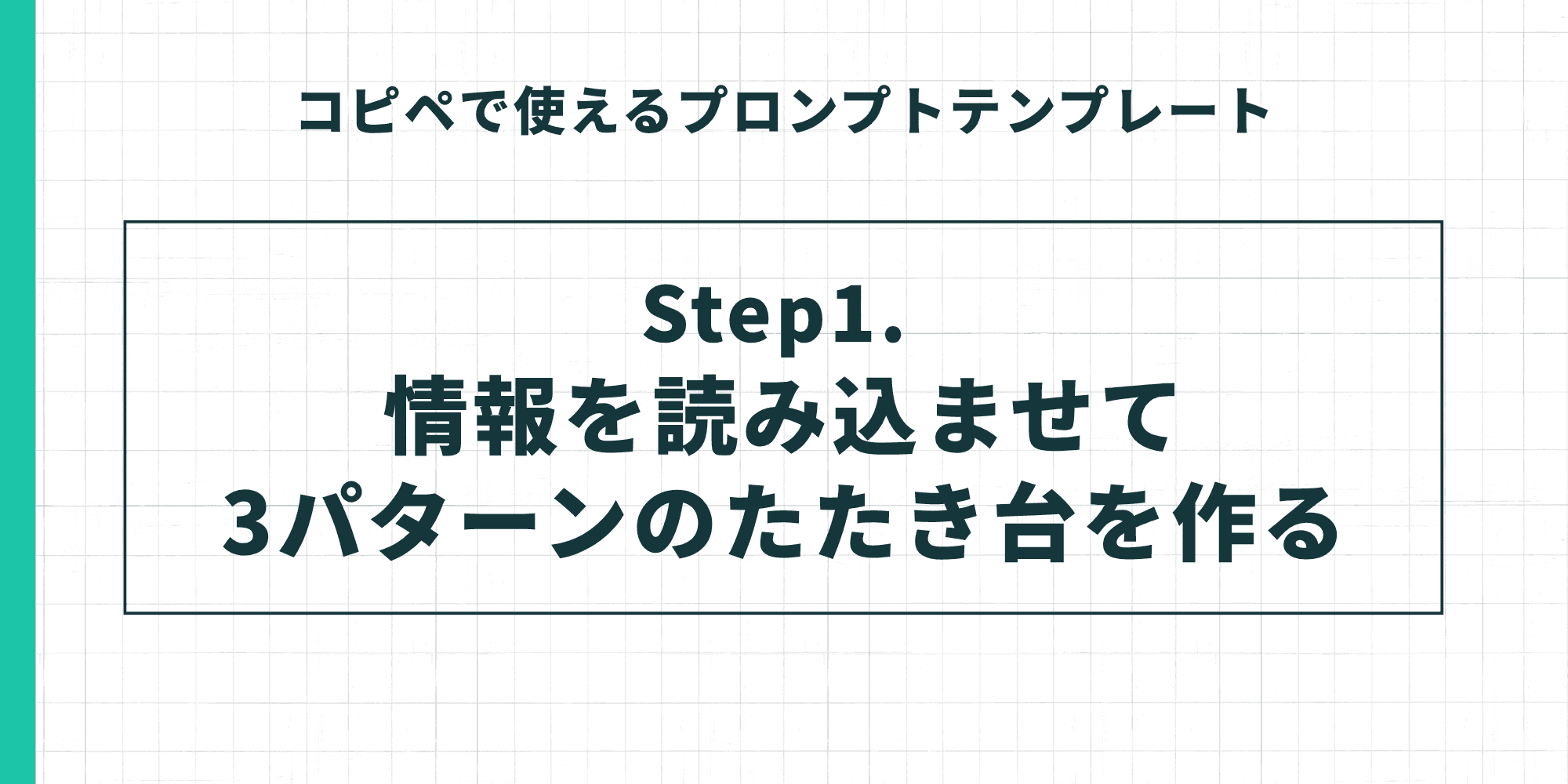 「コピペで使えるプロンプトテンプレート」のステップ1を紹介するスライド。「Step1. 情報を読み込ませて3パターンのたたき台を作る」というプロセスが示されている。