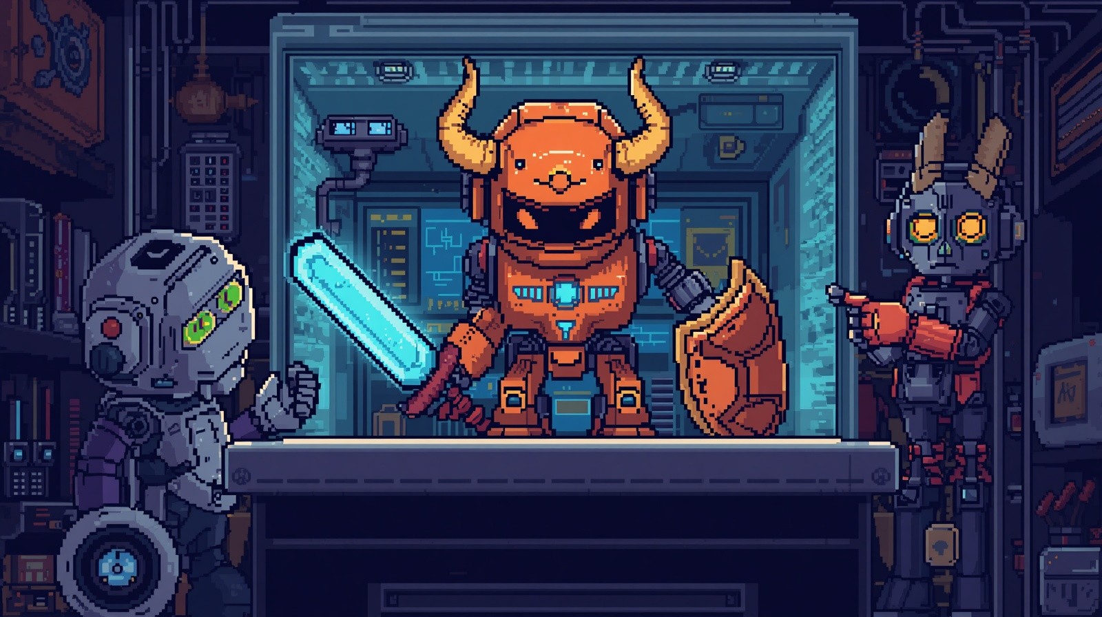 32x32 pixel image showing a robot representing GOOGLE ANALYTICS 4 from an overhead view in a retro gaming pixel art style with strong lines and vibrant colors