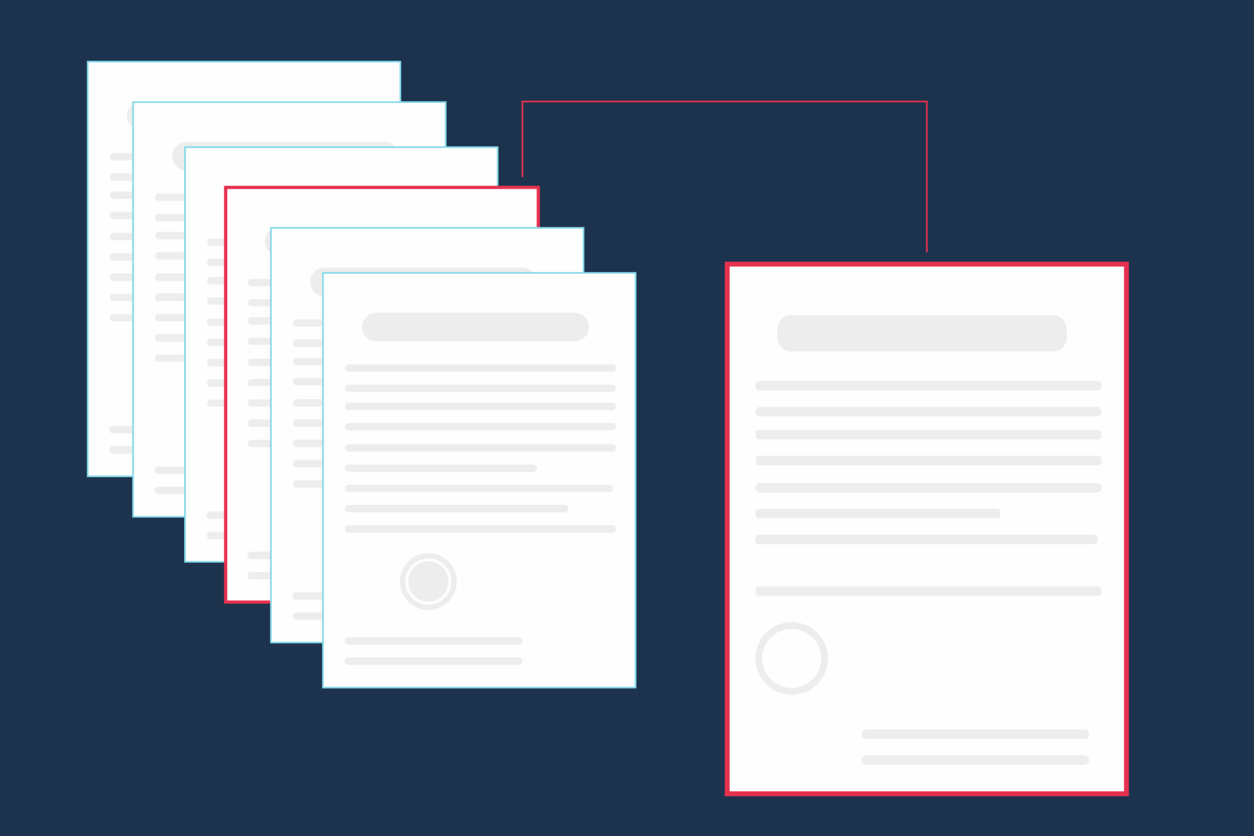 multiple white documents, one flagged red for review