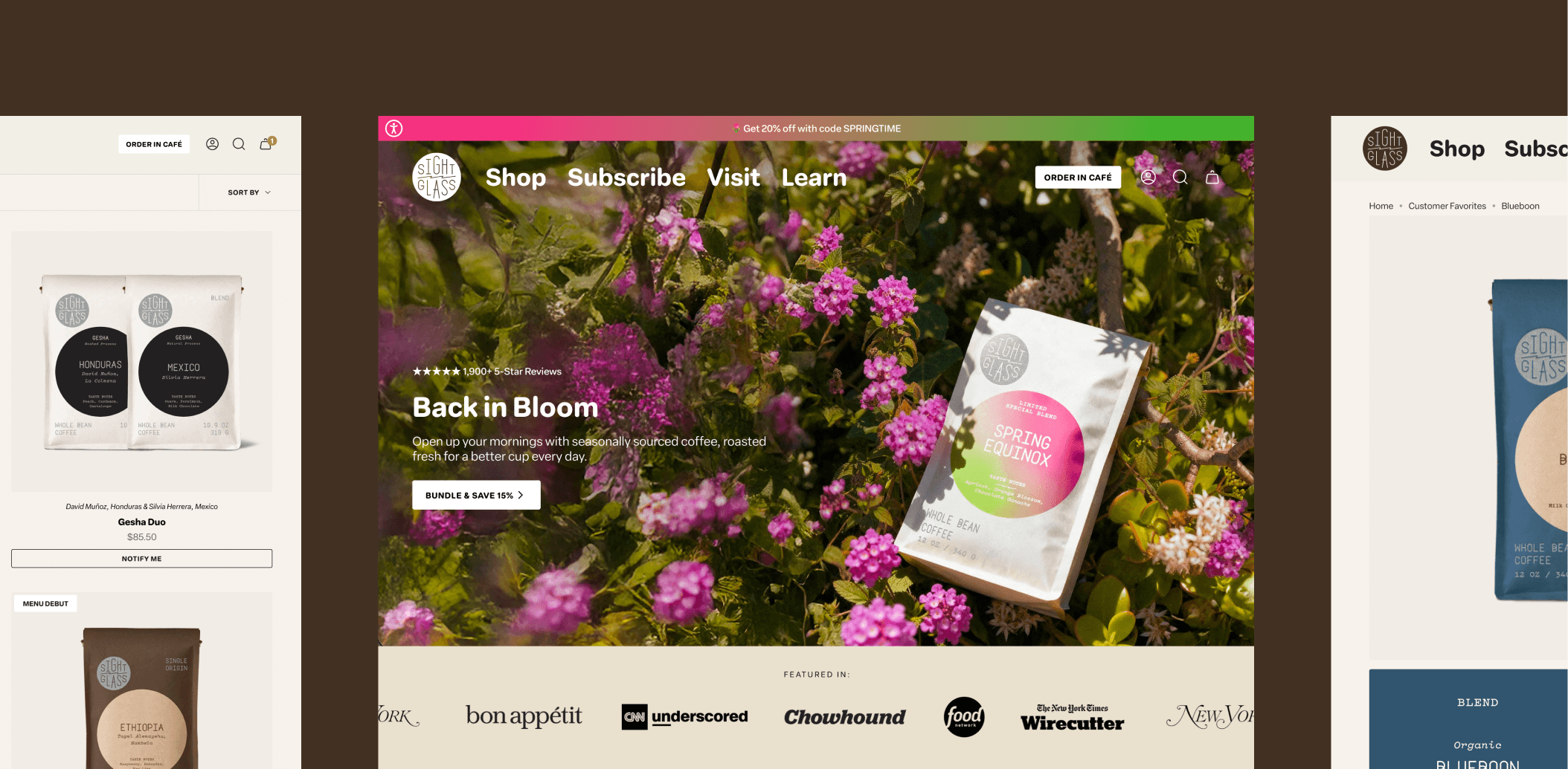Shopify homepage layout for Sightglass Coffee highlighting product discovery and coffee collections