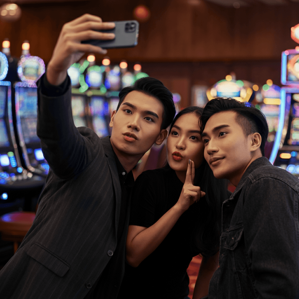 Three stylish Asian friends taking a selfie together inside a glamorous casino, bright slot machines in the background, warm lighting, energetic smiles, atmosphere full of excitement — editorial photography style.