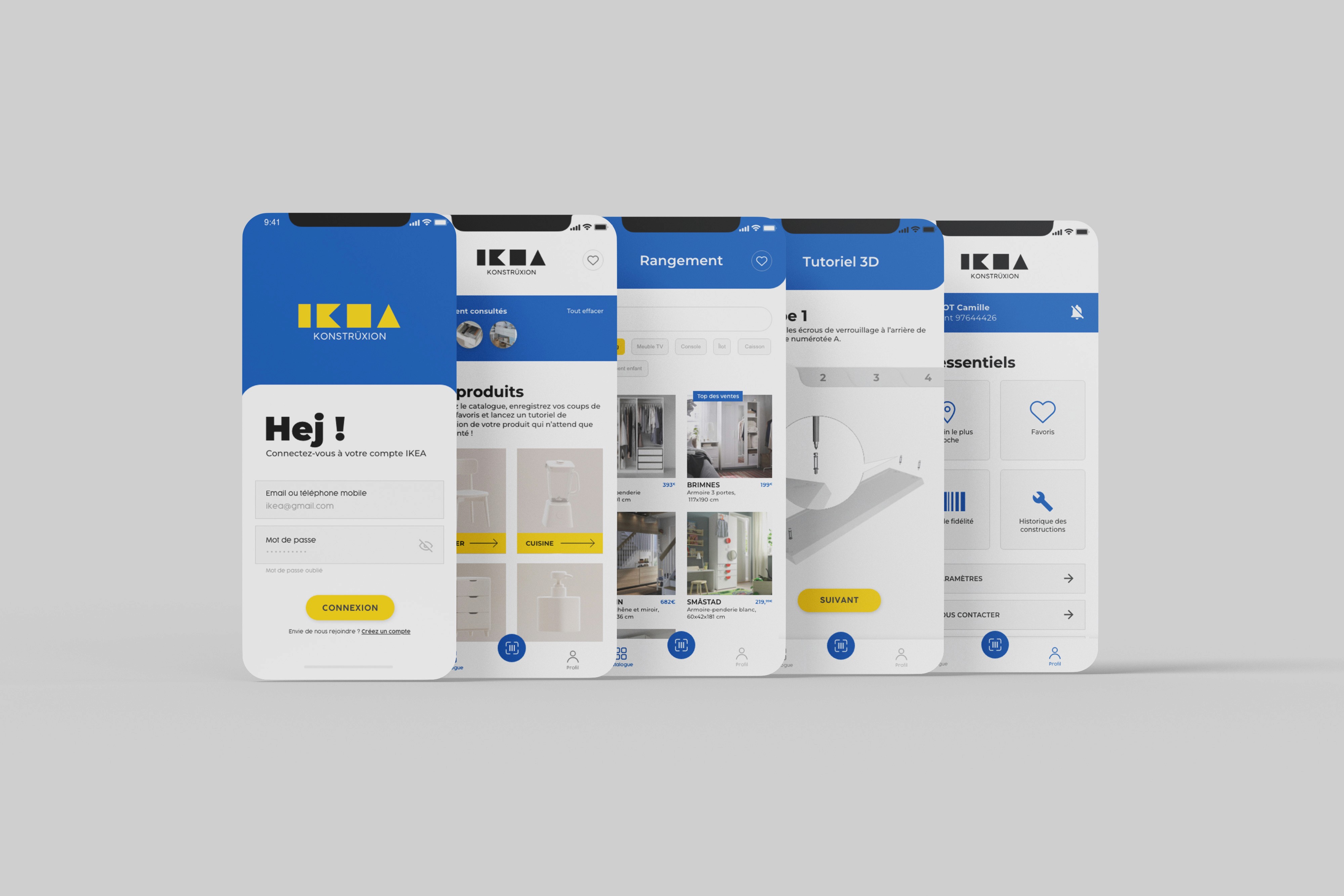 Webdesign de l’application IKEA Konstrüxion sur écran iPhone, interface intuitive