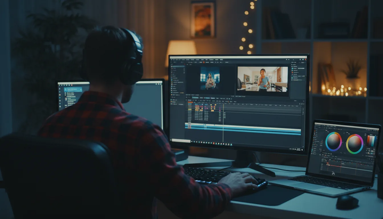 DSLR photograph of a video editor from behind, focused on his multi-monitor setup in a dark room. He wears a plaid shirt and headphones, his hands on the keyboard. The main monitor displays a detailed video editing software UI, featuring a timeline, media browser, and preview windows. A laptop next to it displays a color grading interface with vibrant color wheels. The scene has cinematic contrast lighting, with the cool light from the screens contrasting against the warm, soft bokeh of the home office background.