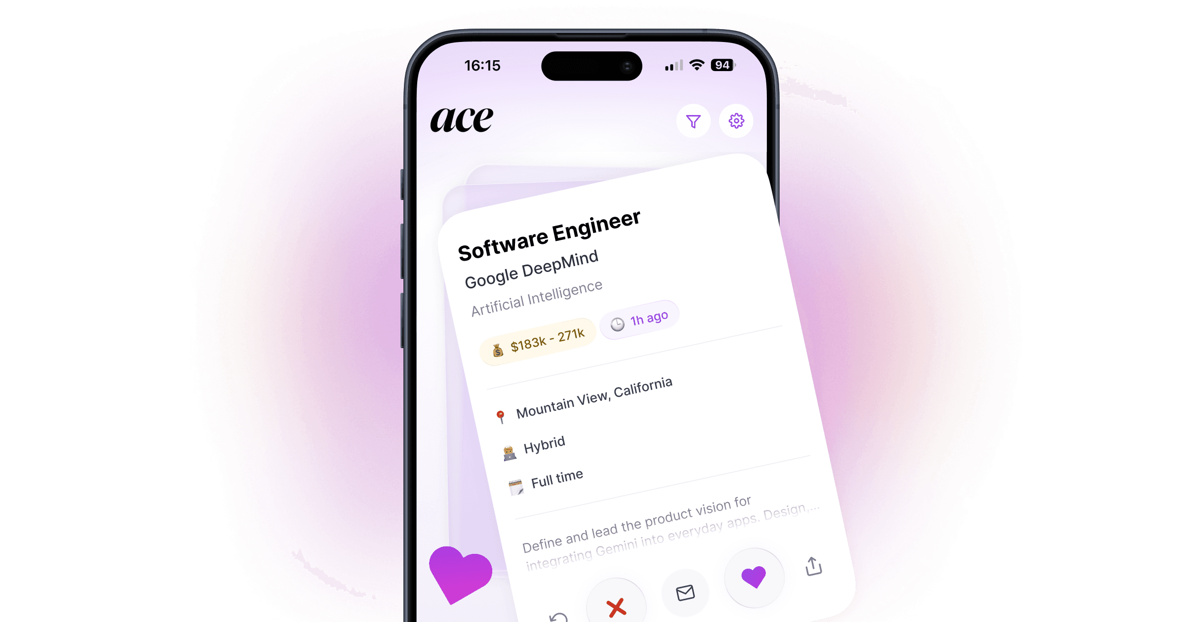 An illustration of a high-paying job listing being swiped on the Ace app.