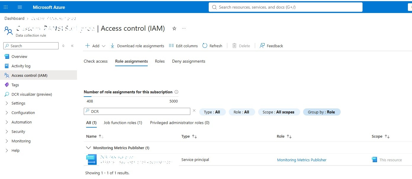 DCR Access control showing a Monitoring Metrics Publisher role assignment to a service principal.