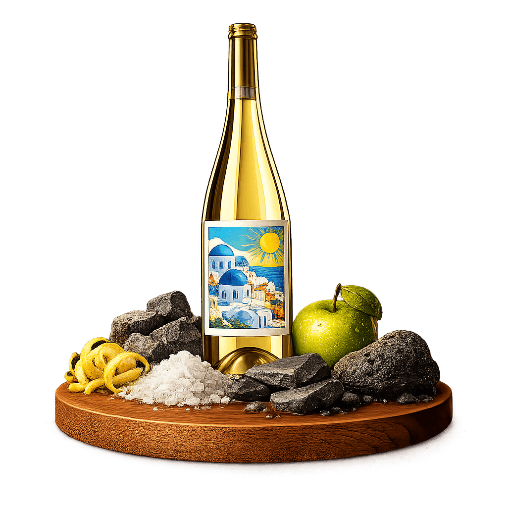 Artistic label and flavor profile for Santorini White on a rustic wooden table.
