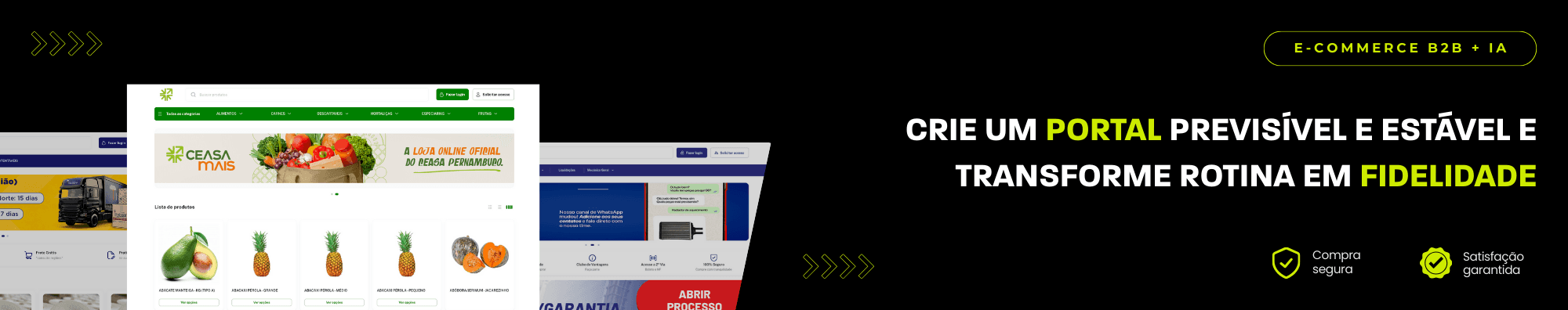 Banner horizontal com fundo escuro, ícones de segurança e satisfação, e imagens de lojas B2B exibidas à esquerda. Elementos gráficos em verde destacam o tema de e-commerce B2B com IA.