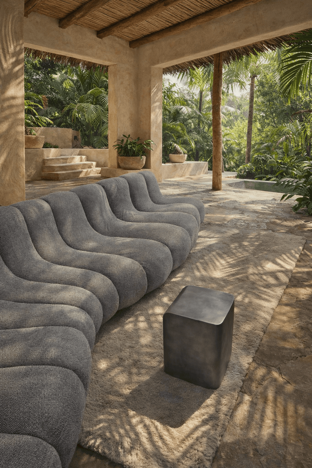 Sculptural interior with curved textured walls, smooth wooden panels, and warm ambient lighting.