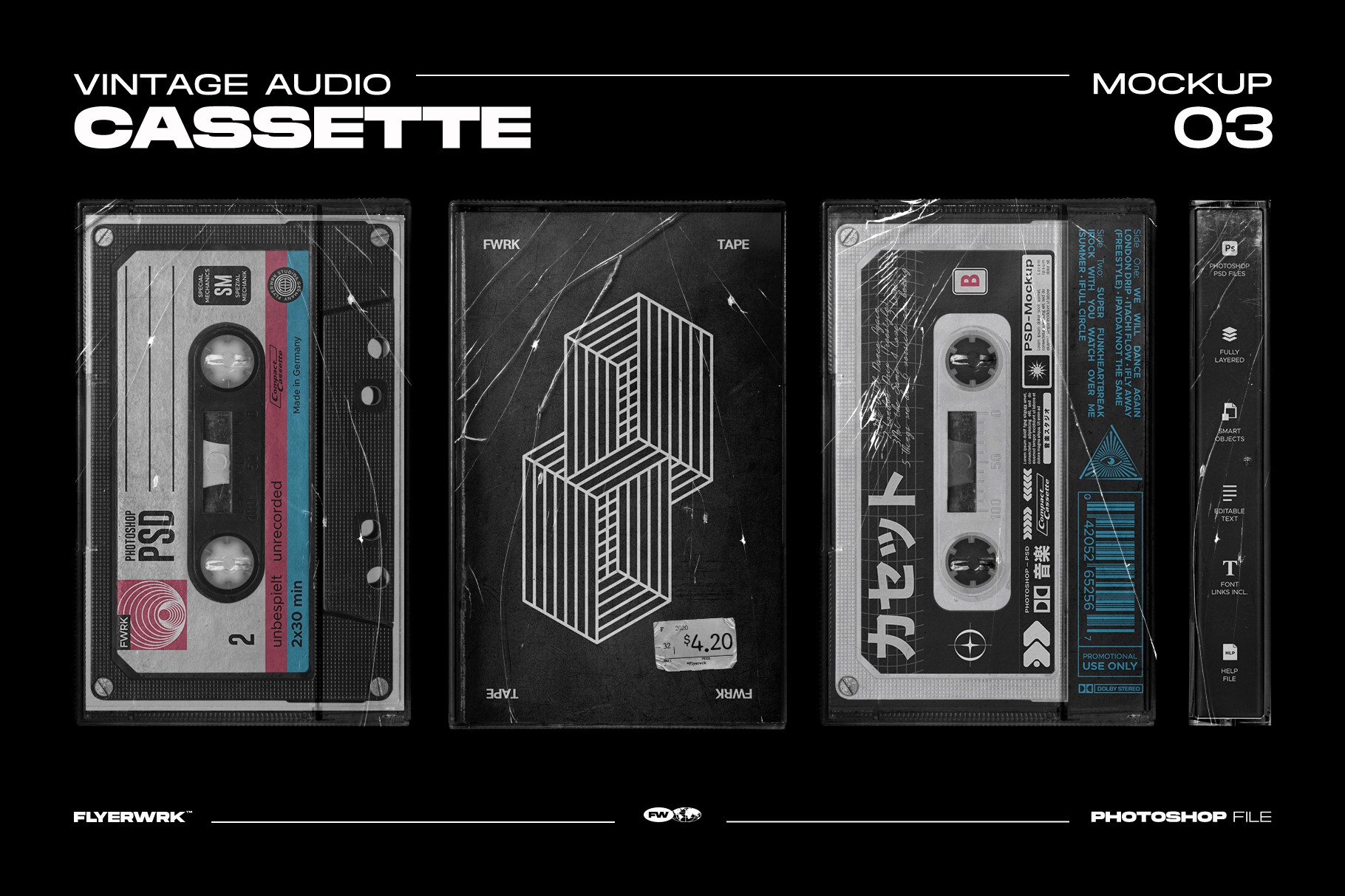 Cassette Case Mockup 03 showing vintage front, back, and side views with realistic scratched textures.