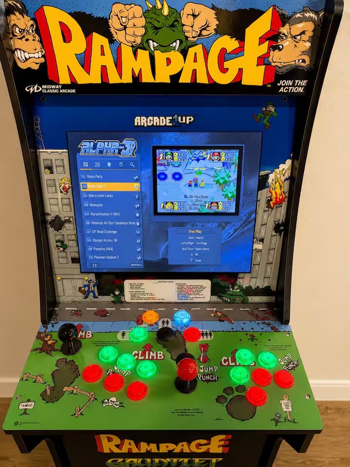 Full-size arcade cabinet in the basement game room