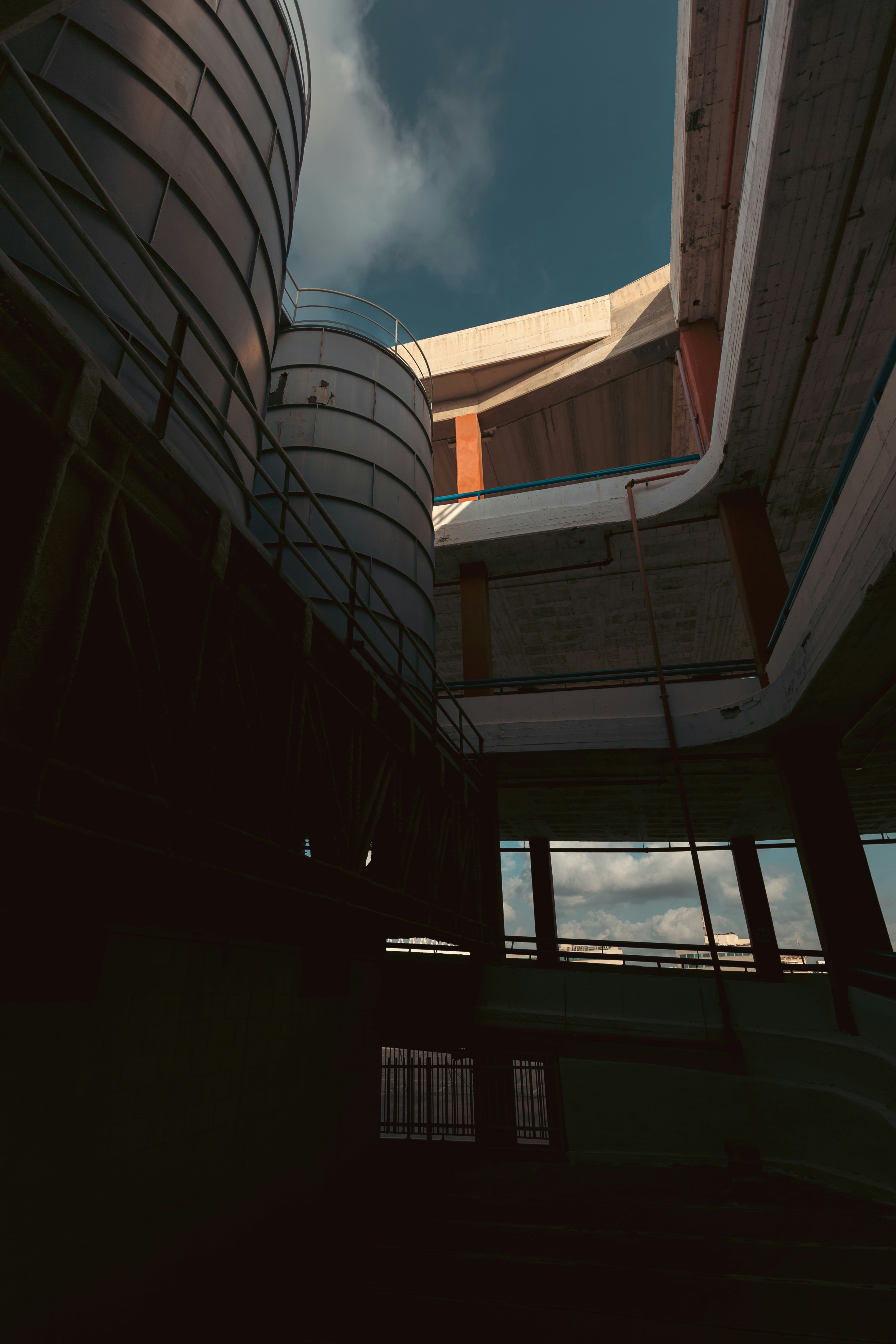 Looking up at a building with a sky background