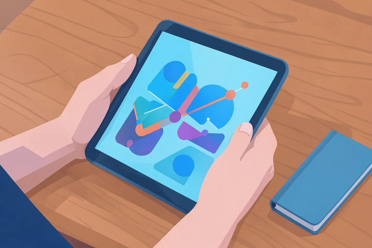 A person analyzing data on a tablet in a modern office setting.