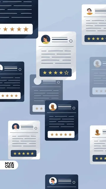 Review cards with stars float on a blue wall
