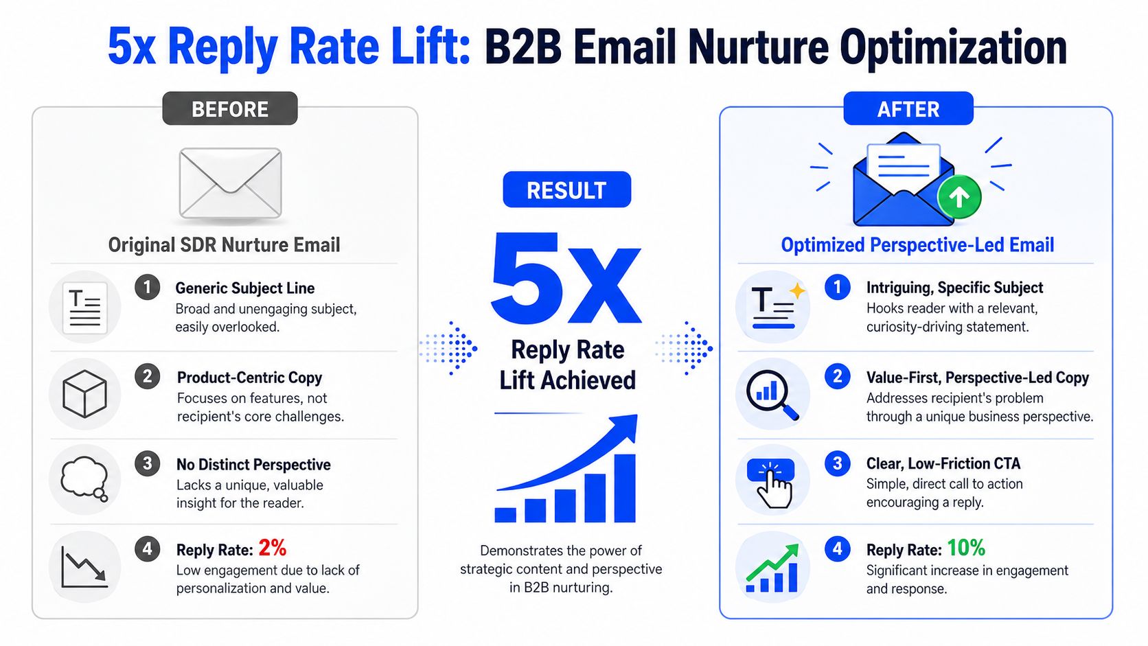A comparison infographic showing how perspective-led emails increase B2B lead nurturing reply rates by five times.