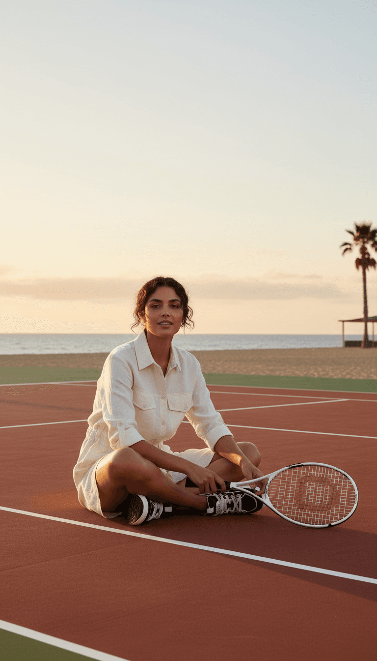 AI-generated model in FILA linen shirt dress seated on tennis court at sunset — campaign location integration