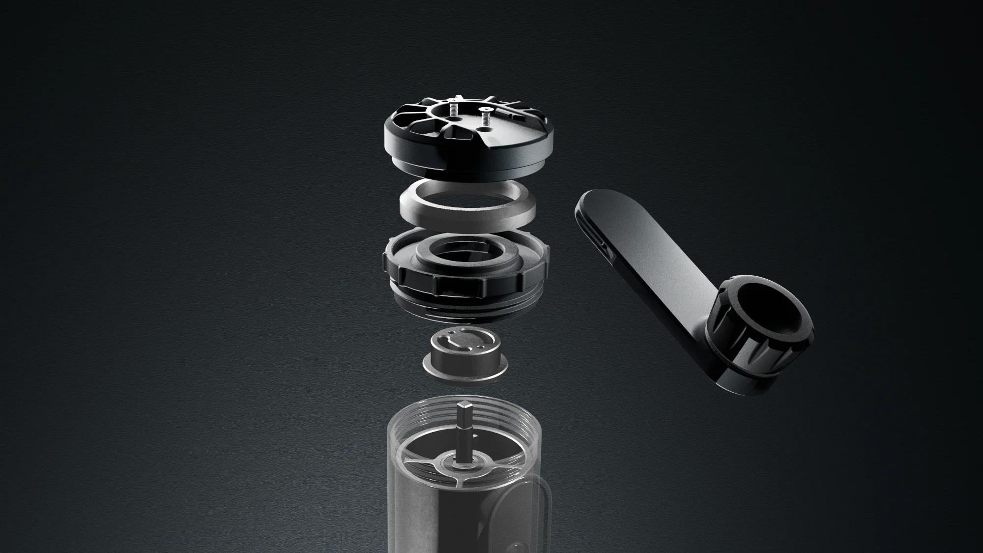 Exploded view of a coffee grinder industrial design concept, showing the removable lid assembly breakdown