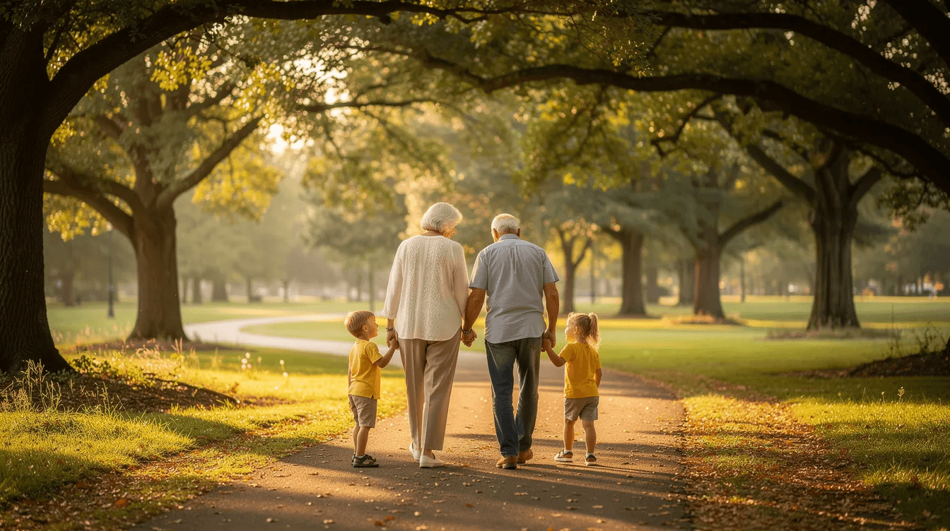 An image of grandparents walking hand in hand with their grandchildren along a serene path, surrounded by lush trees, illustrates the warmth of family dynamics and the importance of nurturing relationships across generations. This scene reflects the values of trust and responsibility, akin to the role of a corporate trustee in managing trust assets for the benefit of beneficiaries.