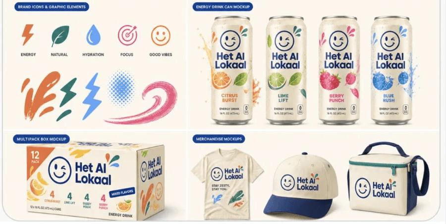 Brandbook-pagina's van een fictief energiedrankje van Het AI Lokaal: merkiconen, vier blikjes in de smaken Citrus Burst, Lime Lift, Berry Punch en Blue Rush, een multipack van 12 en merchandise met shirt, pet en koeltas