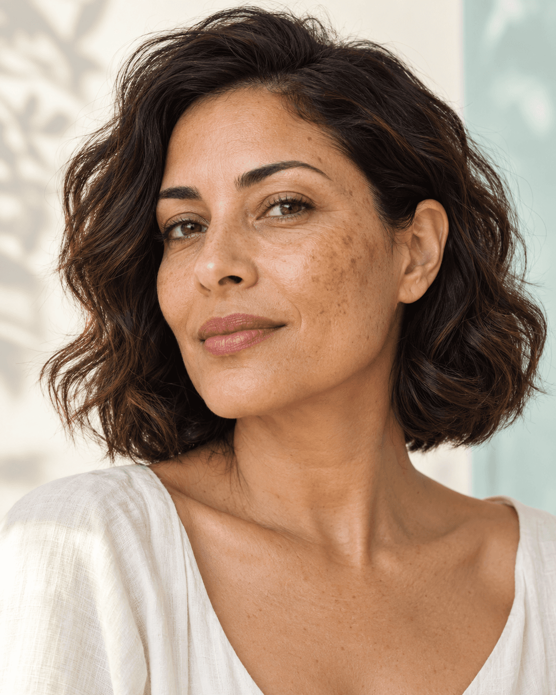 Woman with natural facial pigmentation and sunspots visible across her cheek and temple.