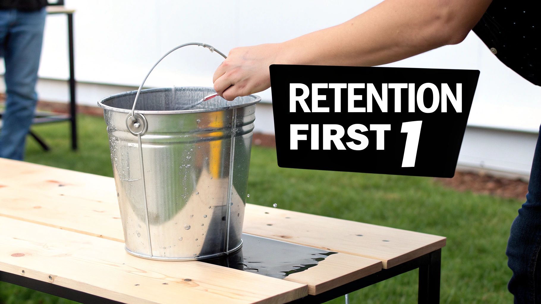 A person holds a leaking metal bucket on a wooden table, with 