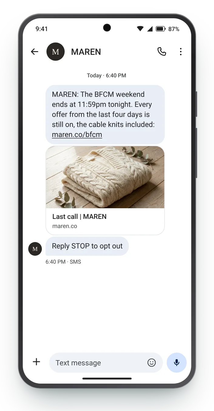 The whole weekend closes tonight BFCM text on an Android phone