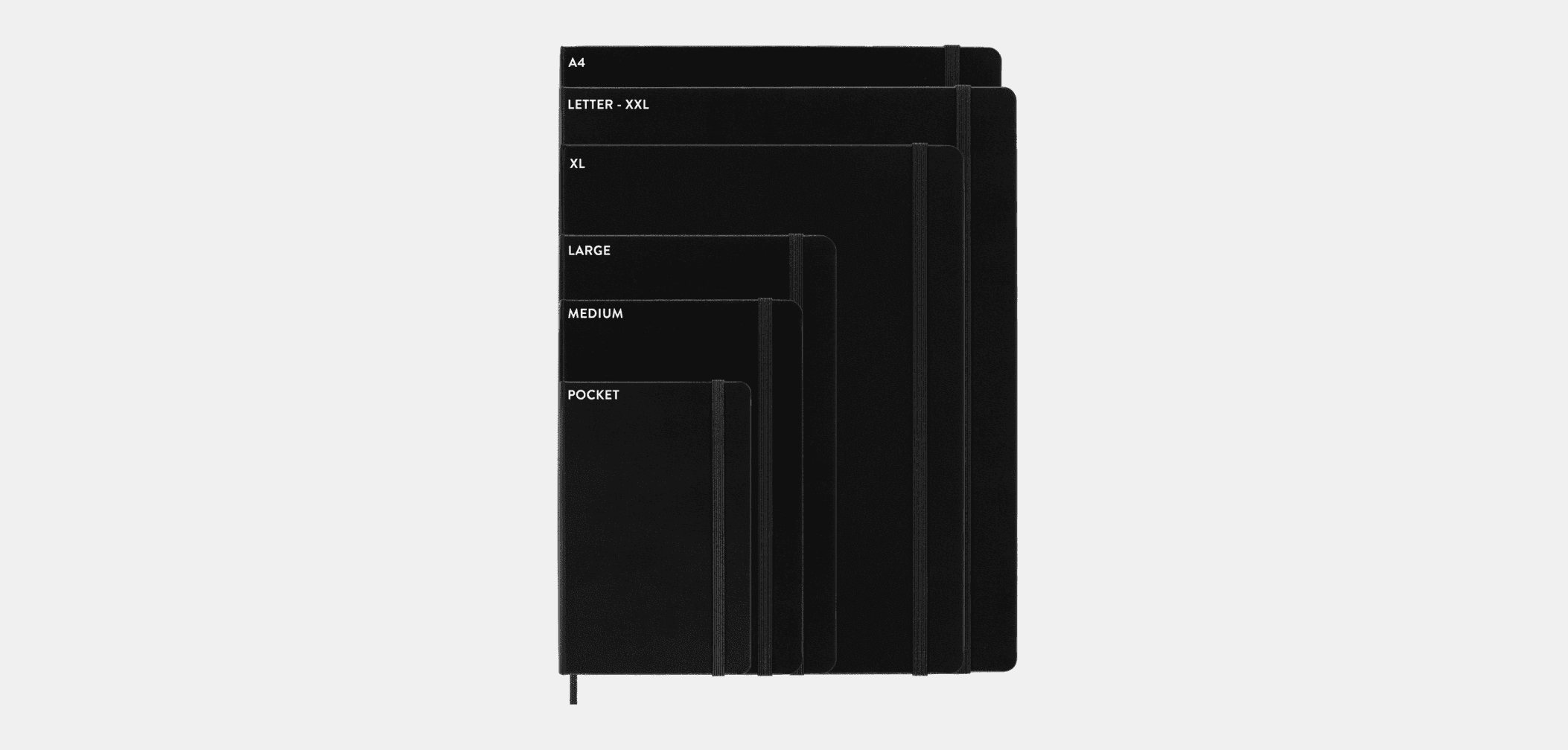 A neatly stacked set of black Moleskine notebooks arranged by size from Pocket to A4.