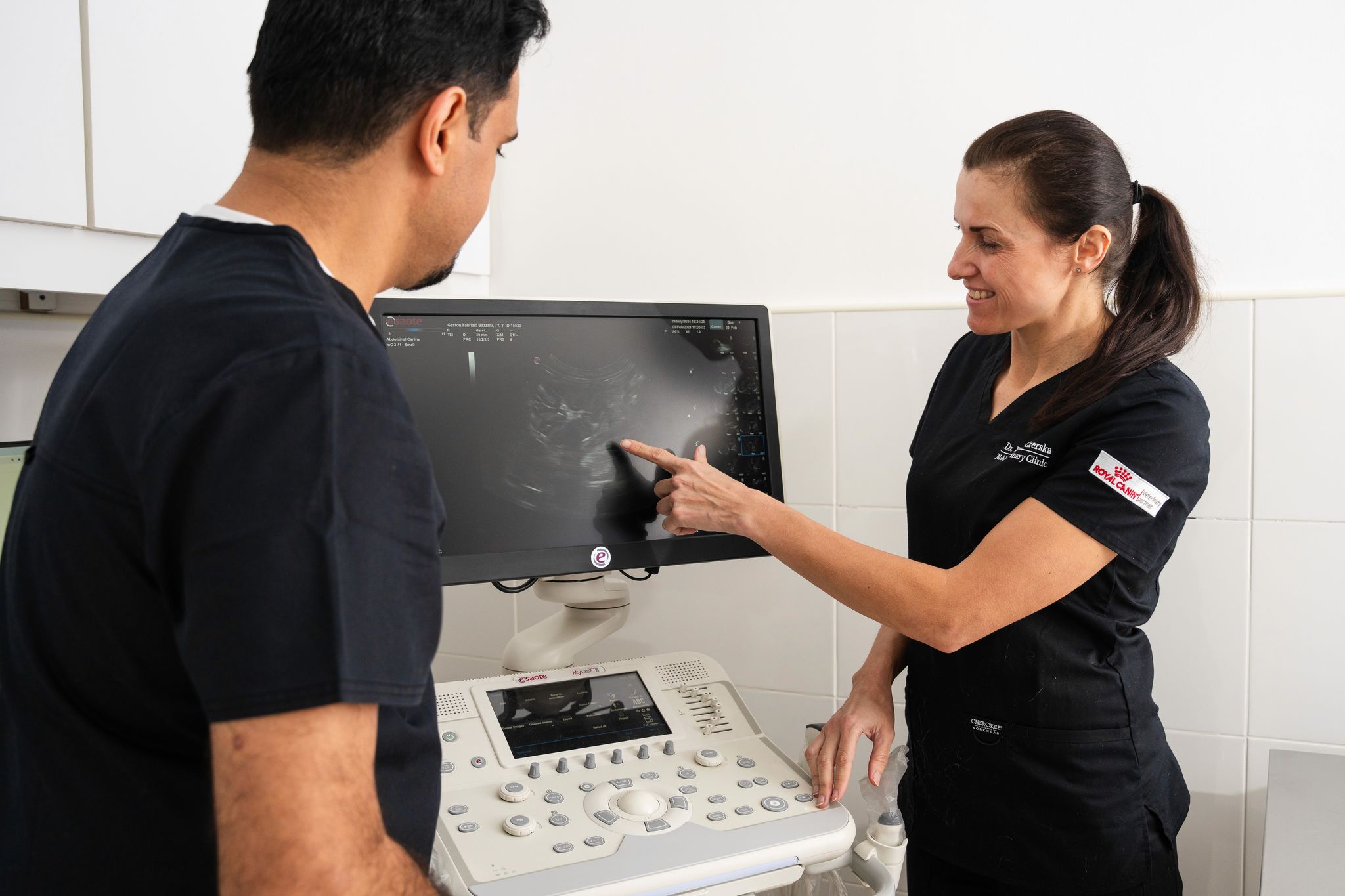 Two veterinary professionals are reviewing an ultrasound image on a monitor in a clinical setting. One of them is pointing at the screen while explaining the image. Both are wearing black uniforms with "Noble Veterinary Clinic" logos.
