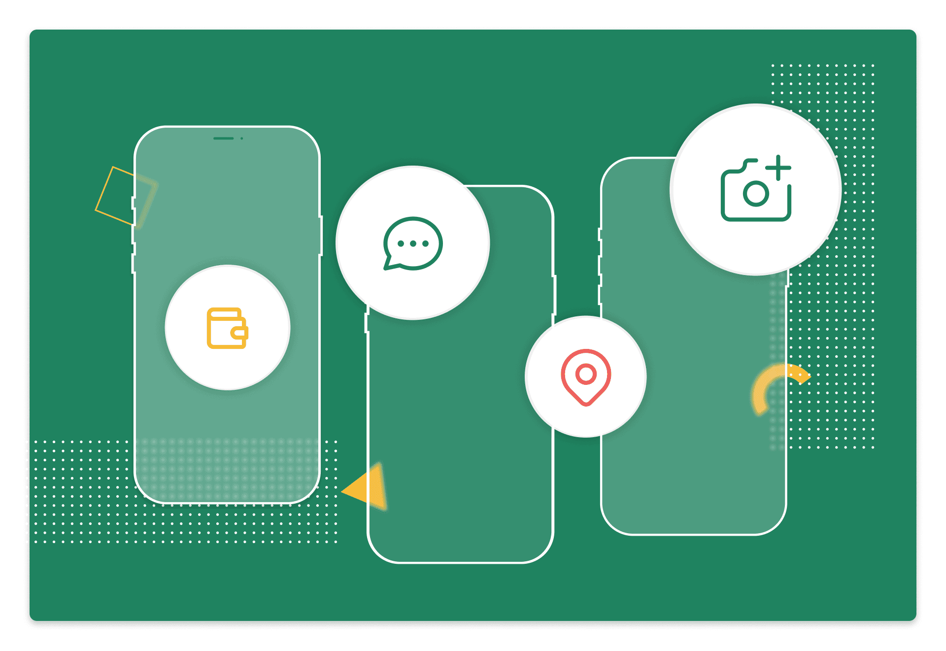 Phone screen outlines on a green background with 4 icons. A calendar, a speech bubble, a location pin and a camera.
