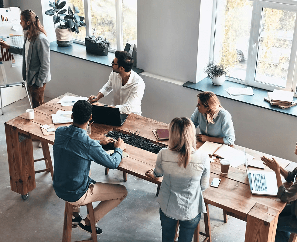 Team meeting in modern office space.