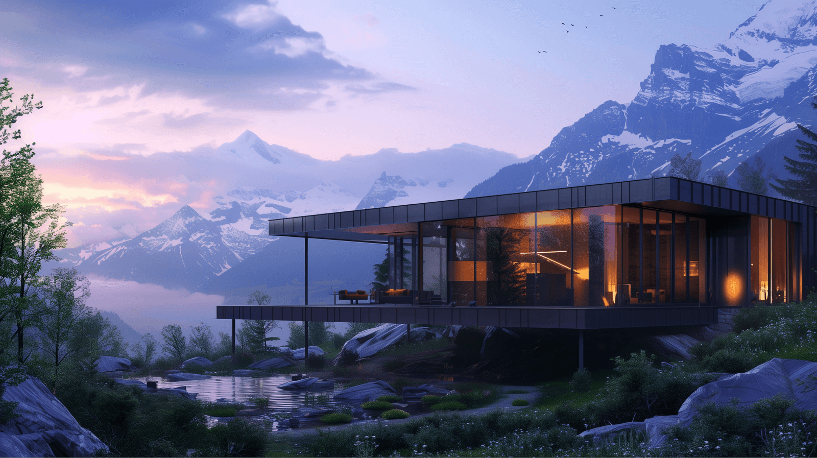 Image of chalet next to mountains