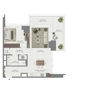 1-bedroom apartment floor plan at The Glen, Creek Bay Emaar Properties, detailing room arrangement and sizes.