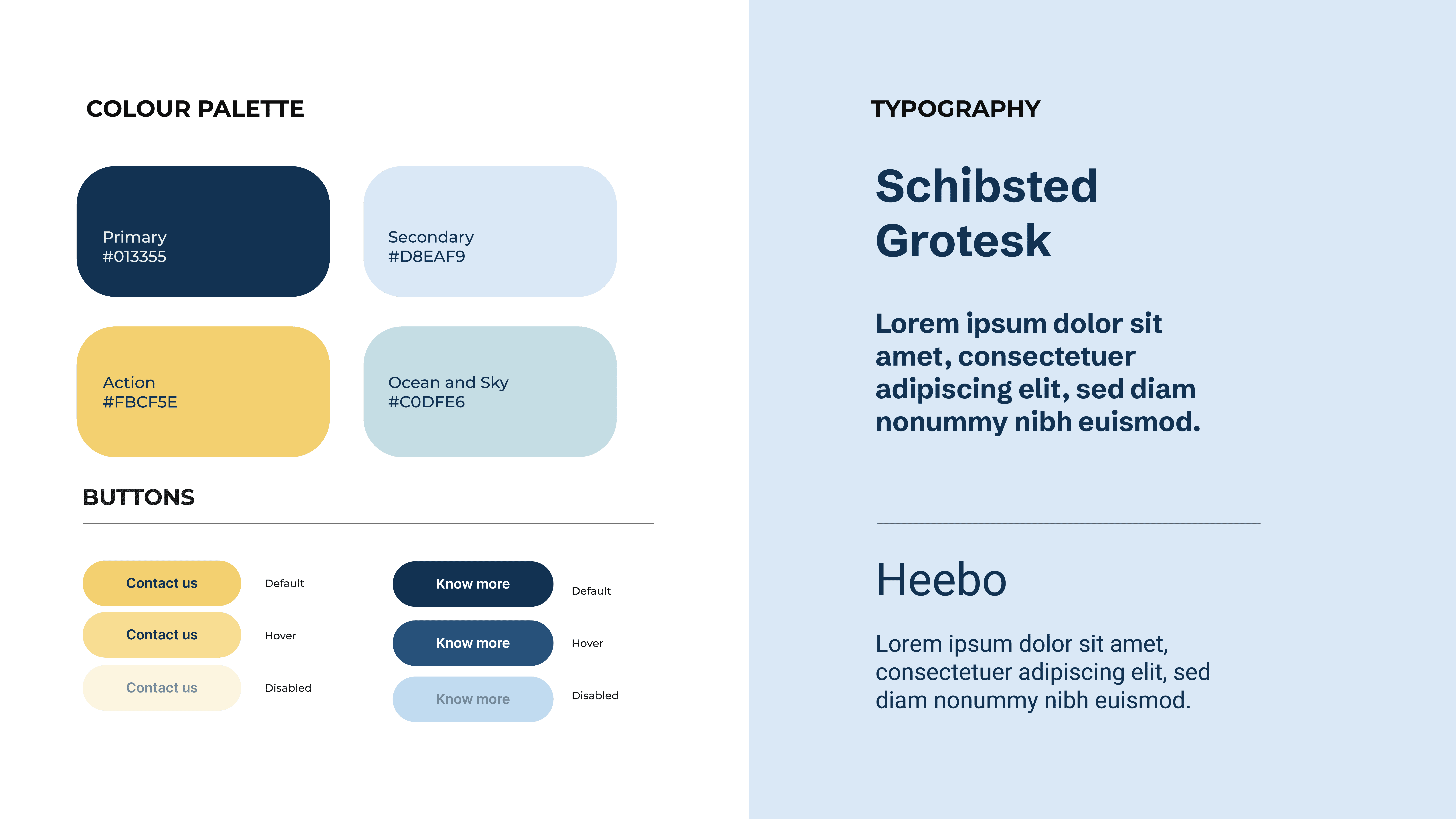 Design layout featuring color palette, typography samples, and call-to-action buttons labeled "Contact Us" and "Know More."