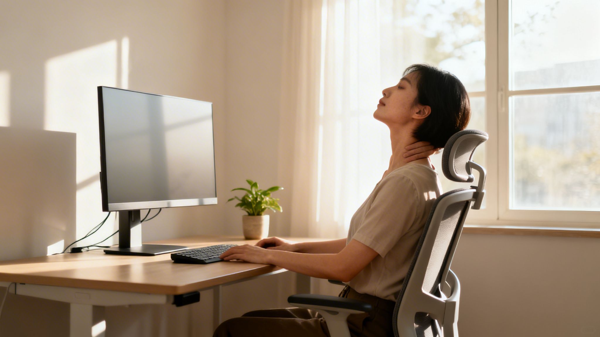 Young woman relieving neck pain at her desk, demonstrating a natural tension headache relief method.
