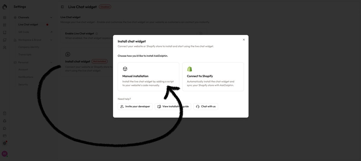 AskDolphin manual installation page with an arrow pointing to the “Copy to clipboard” button for the JavaScript snippet.