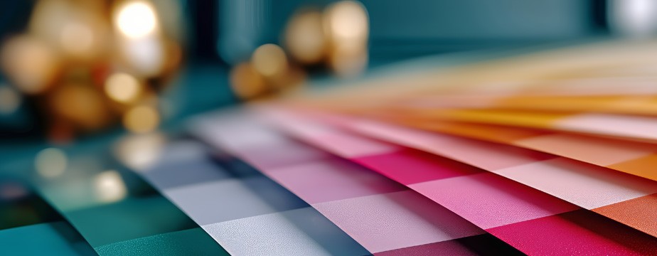 Colorful material swatches and design samples representing visual design work