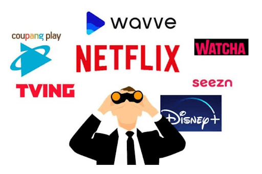 망원경을 든 사람 주변에 넷플릭스, 티빙, 웨이브, 디즈니플러스, 왓챠, 쿠팡플레이, 시즌 등 OTT 플랫폼 로고들이 둘러싸인 일러스트 이미지입니다.