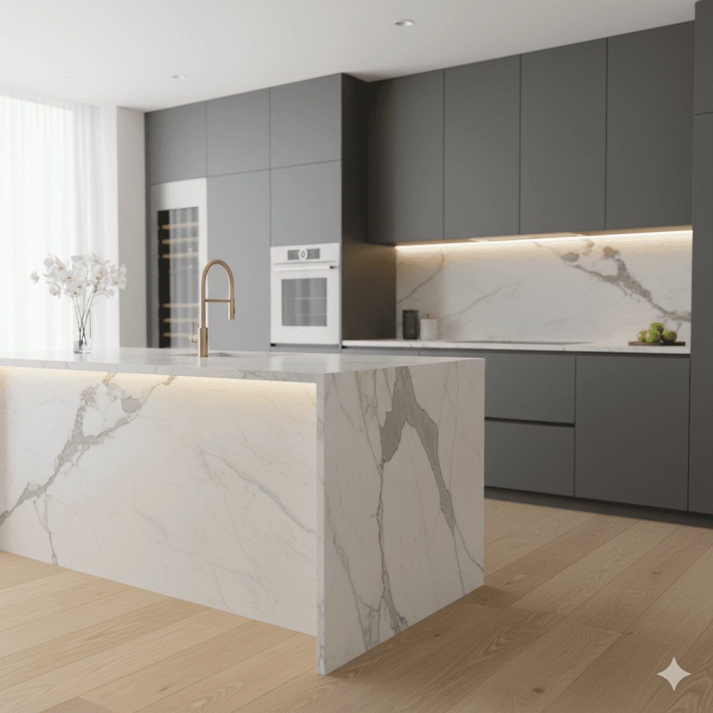 White and gray marble kitchen with gold faucet in luxury apartment interior M3M.