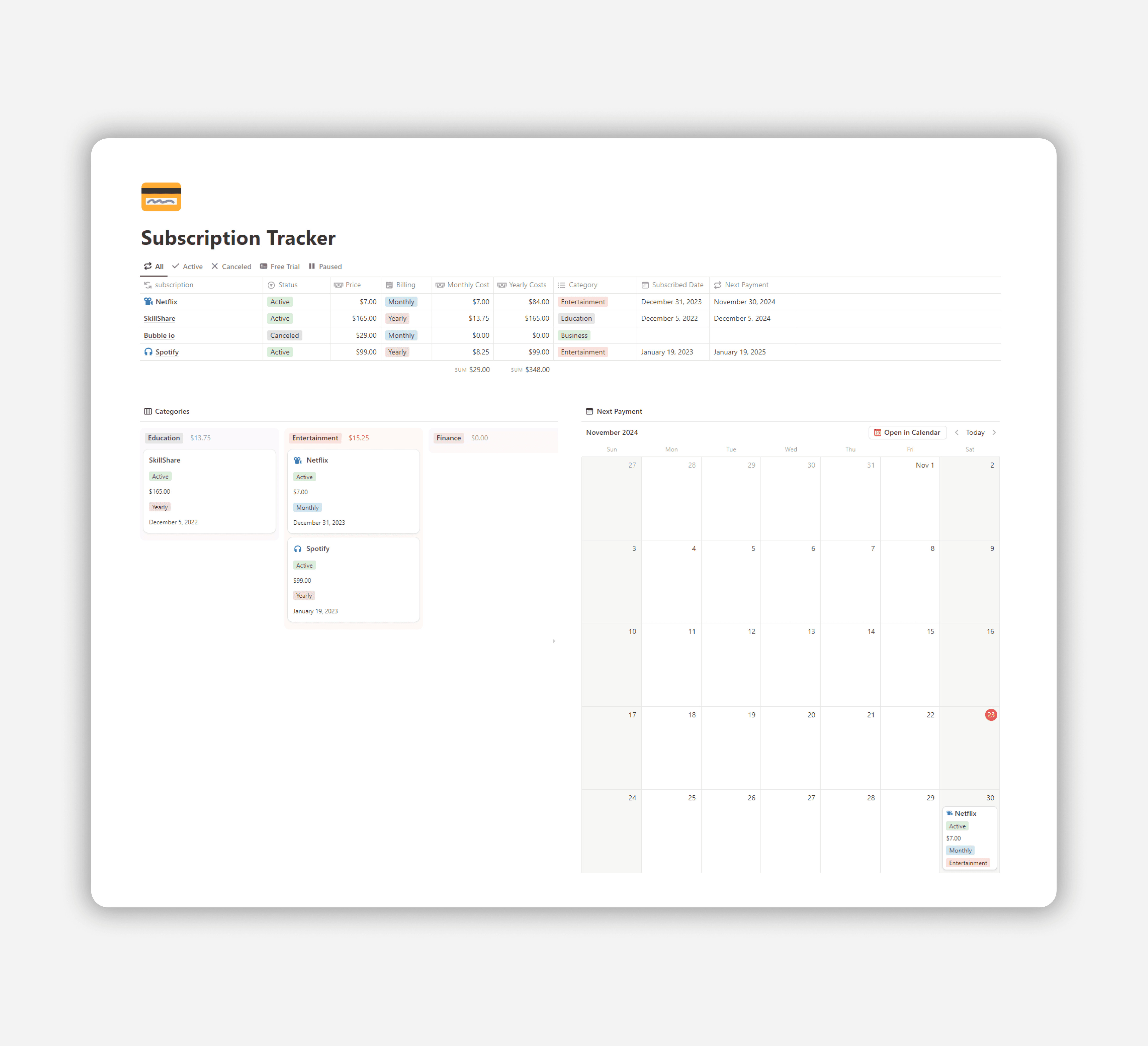 Subscription Tracker - Free Notion Template