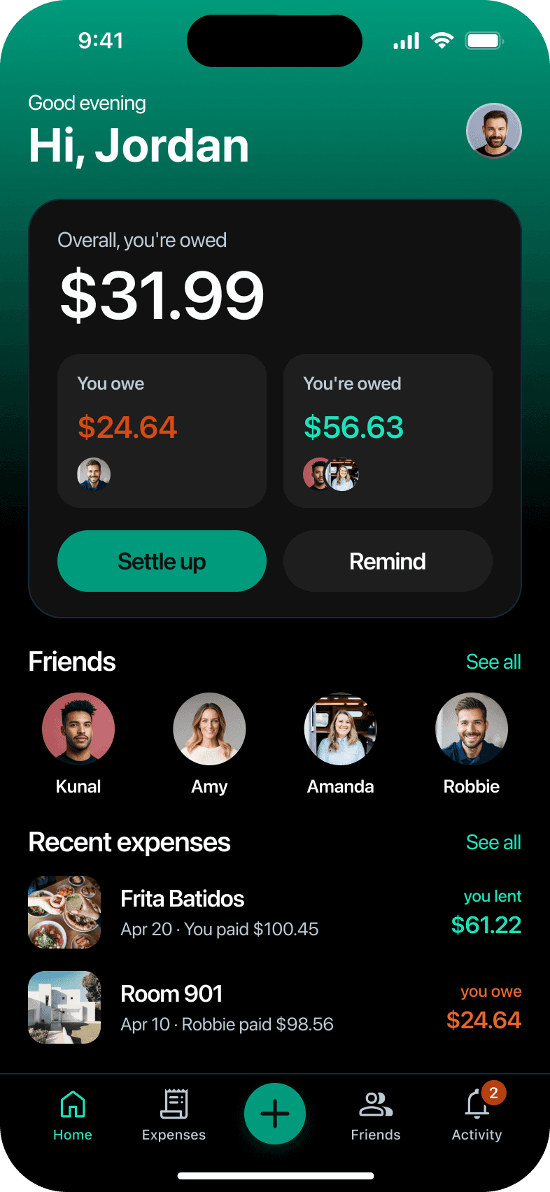 Home, with the net balance and the add button in the tab bar