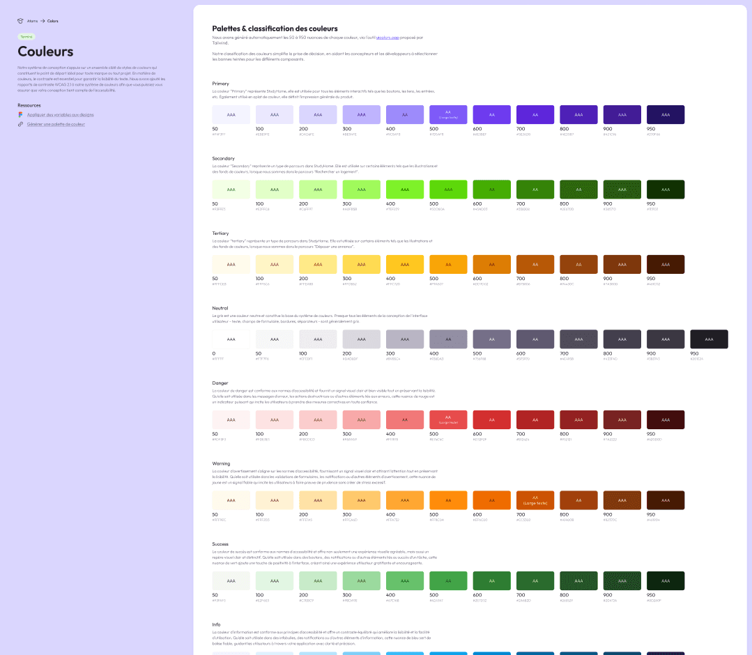 Des variables de couleurs d'une interface mobile, détaillant les différentes teintes utilisées par l'application.