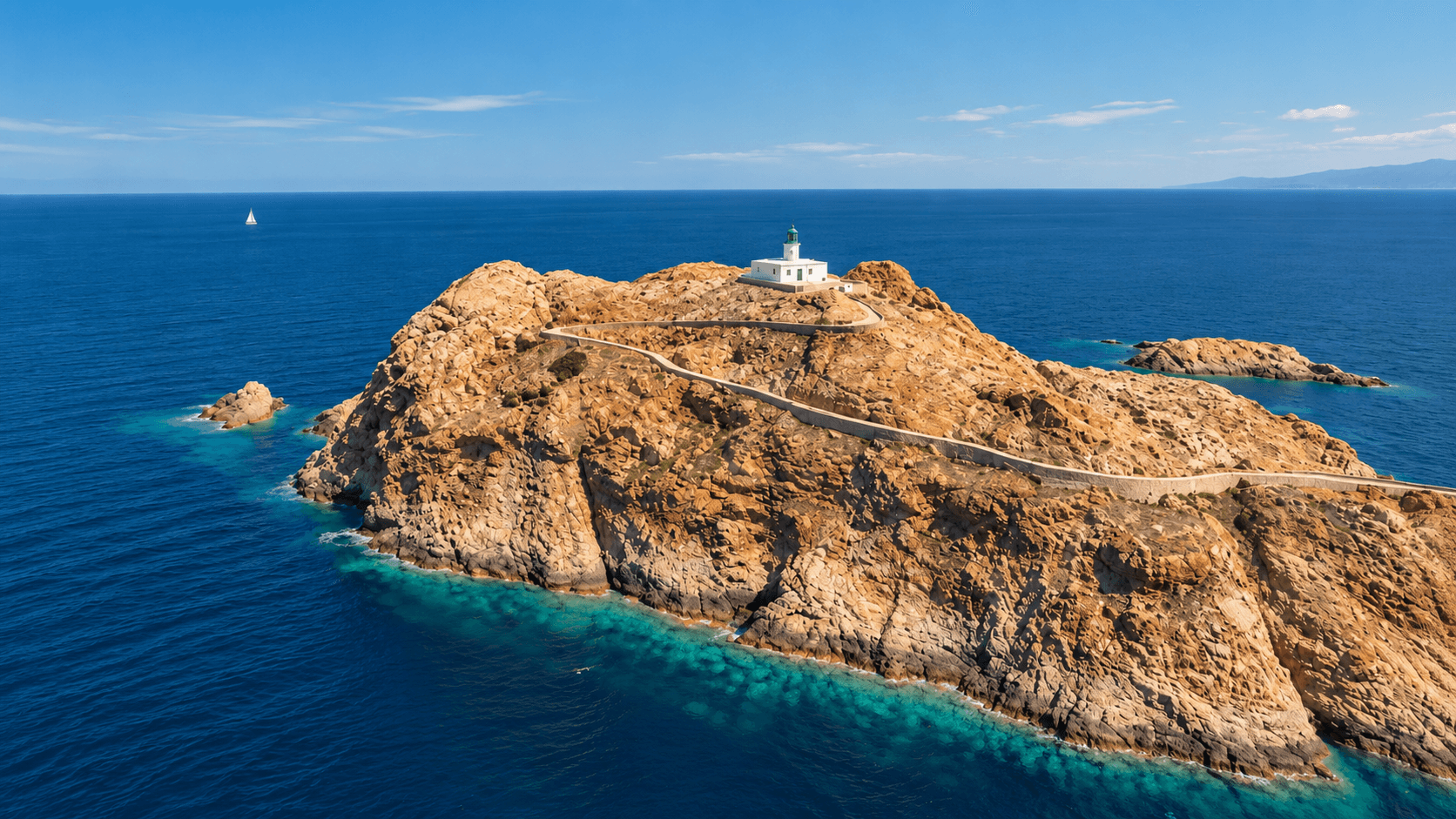 Côte rocheuse de la Pietra à L’Île-Rousse, vue depuis la mer.